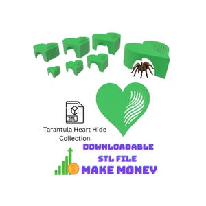 Könnte beinhalten: Eine Sammlung grüner, herzförmiger Verstecke für Vogelspinnen, mit einer Spinne in einem. Das Bild enthält den Text "Tarantula Heart Hide Collection" und "Downloadable STL File Make Money".