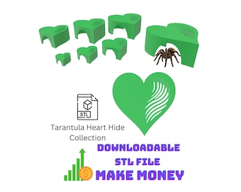 May include: A collection of green heart-shaped tarantula hideaways, with a tarantula visible in one. The image includes the text "Tarantula Heart Hide Collection" and "Downloadable STL File Make Money".