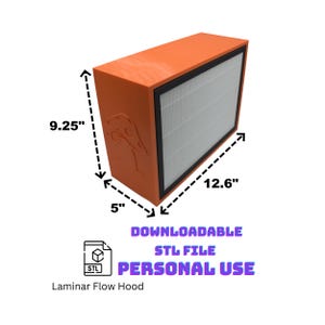 May include: An orange laminar flow hood with a black filter, measuring 32 cm x 23.5 cm x 12.7 cm. The hood has a dinosaur head design on the side and includes the text "DOWNLOADABLE STL FILE PERSONAL USE" and "Laminar Flow Hood".