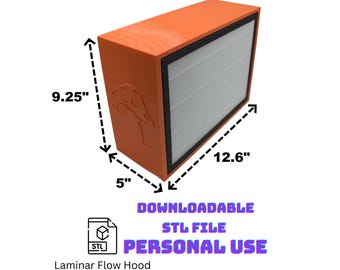 May include: An orange laminar flow hood with a black filter, measuring 12.6" x 9.25" x 5". The hood has a dinosaur head design on the side and includes the text "DOWNLOADABLE STL FILE PERSONAL USE" and "Laminar Flow Hood".