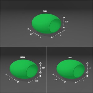 May include: Three green, oval-shaped dog beds in different sizes: small (7.4 cm by 7.6 cm), medium (9.3 cm by 9.5 cm), and large (12.3 cm by 12.7 cm).