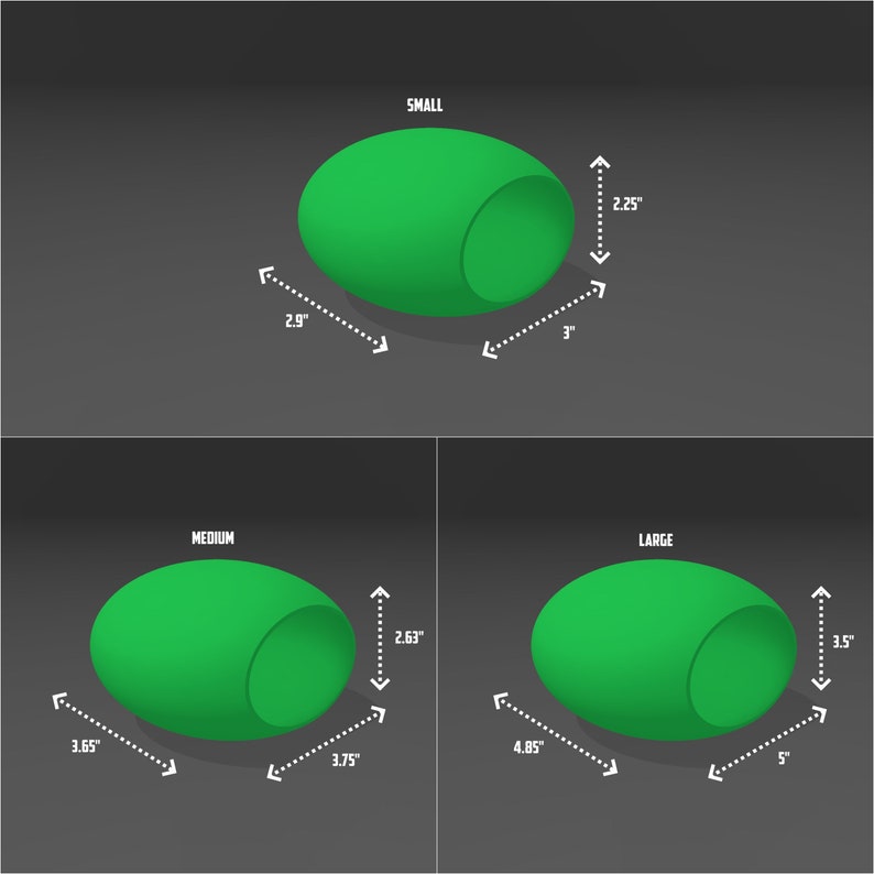 May include: Three green, oval-shaped dog beds in different sizes: small (7.4 cm by 7.6 cm), medium (9.3 cm by 9.5 cm), and large (12.3 cm by 12.7 cm).