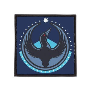 Puede incluir: Parche cuadrado con fondo azul oscuro y borde negro. El parche presenta un pájaro negro estilizado con las alas extendidas, un ojo rojo y una estrella blanca arriba. Un semicírculo azul claro con puntos blancos rodea el pájaro.