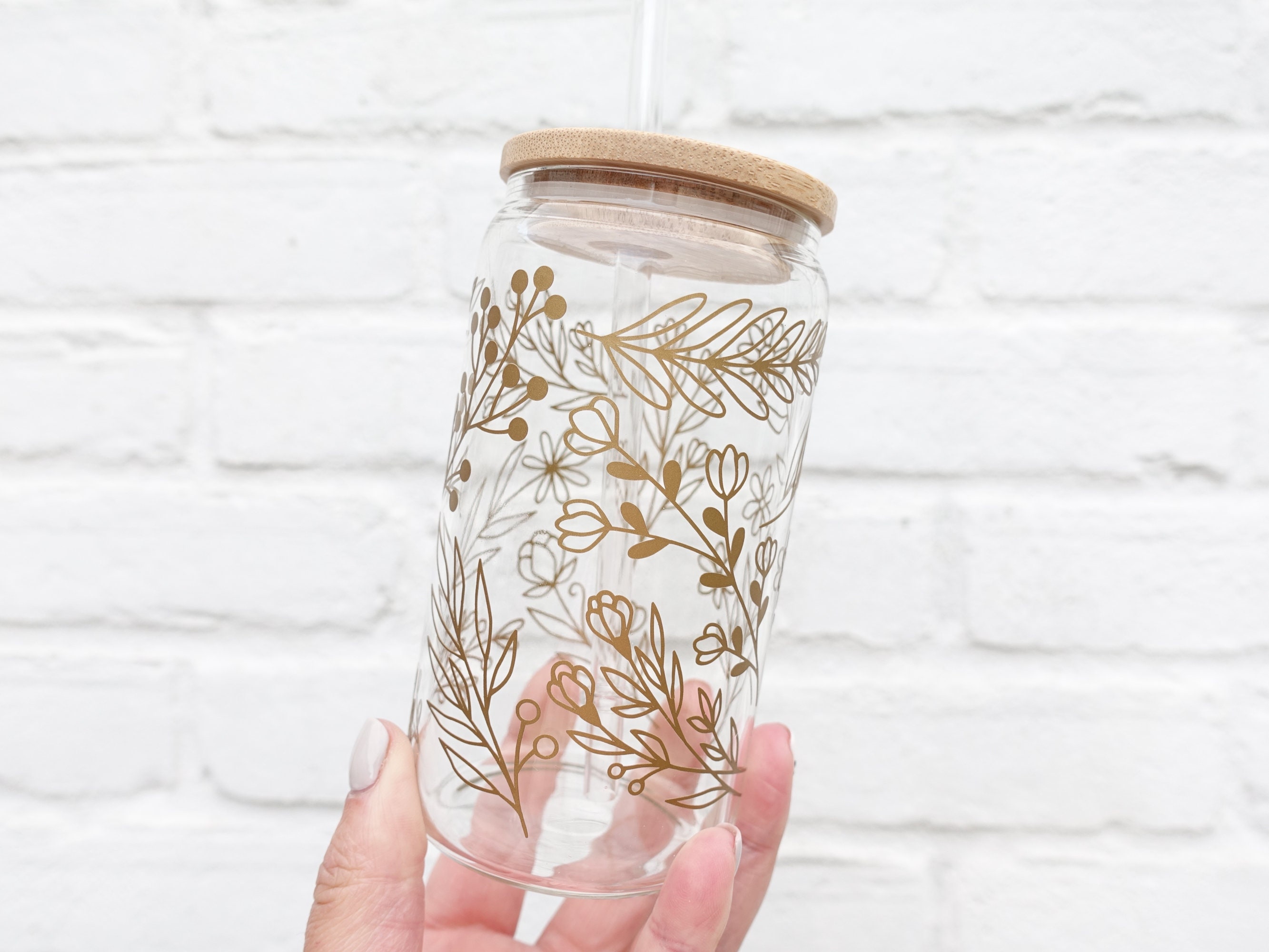 Wild Flowers Bamboo Lid Can Glass Drink 16oz or 20z Cup Gift Personalised  Includes Glass Straw Mug Coffee Boho Mothers Day 