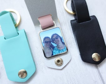 Personalised leather photo keyring double sided, Unique mothers day gift, sentimental gifts for mum, 3rd wedding anniversary gift leather