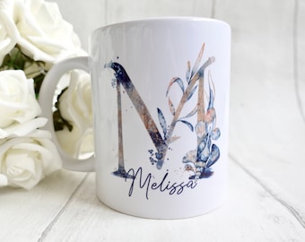 Personalised name and initial mug, Teaching assistant mug, marine biologist gift, unique birthday gift for friend, Coral reef watercolour