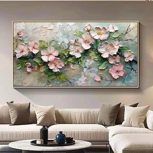 Original Abstract Floral Oil Painting on Canvas, 3D Textured Pink & White Blossom Wall Art, Soft Pastel Flower Artwork for Living Room Decor