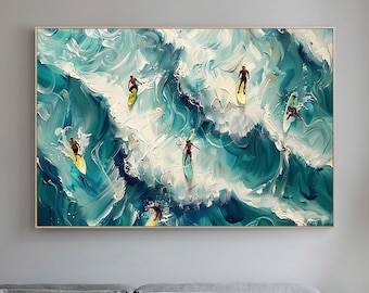 Original Impasto Surfing Canvas Art, Large Abstract Blue Ocean Wave Wall Art, Modern Coastal Sports Painting, Modern Beach House Wall Decor