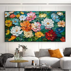 Vibrant 3D Floral Oil Painting on Canvas, Textured Flower Wall Art, Bold Colorful Blooms, Nature-Inspired Décor for Living Room or Bedroom