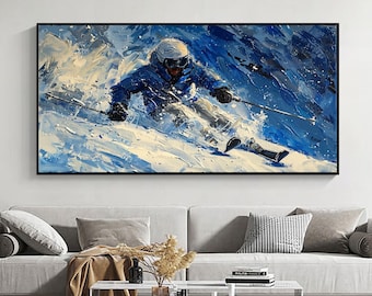 Original Skier Oil Painting on Canvas, Large Abstract Snow Sports Wall Art, Custom Texture Skiing Artwork, Dynamic Modern Winter Lodge Decor