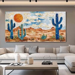 Original Cactus Oil Painting on Canvas, Large Textured Desert Landscape Art, 3D Cactus and Sunset Wall Art, Modern Desert Home Décor Piece