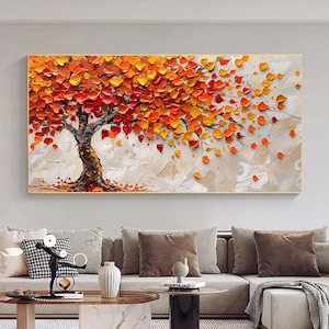 Abstract Autumn Tree Painting, Vibrant Textured Leaves Canvas Art, Large Impasto Fall Wall Art, Palette Knife Painting, Living Room Decor