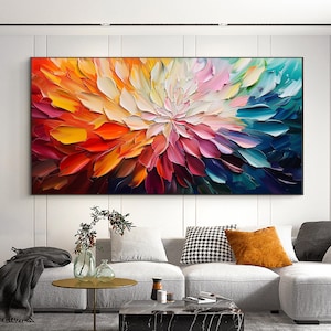 Original Colorful Abstract Flower Oil Painting on Canvas, 3D Textured Petal Wall Art, Large Modern Floral Artwork, Living Room Home Decor