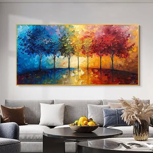 Original 3D Baum Ölgemälde auf Leinwand, Lebendige Bäume Wandkunst, Atemberaubende Farben Bäume Kunstwerk, Strukturierte Landschaftskunst, Wohnzimmer Dekor