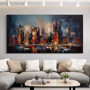 Origineel abstract stadsgezicht olieverfschilderij op canvas, groot stedelijk landschap muurkunst, aangepaste skyline artwork, moderne woonkamer muur decor