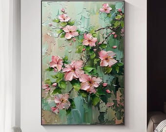 Original 3D rosa Blüte Ölgemälde auf Leinwand, strukturierte Blumenwandkunst, blühende Blumen in sanften Pastelltönen, Frühlingsgarten-Wanddekor