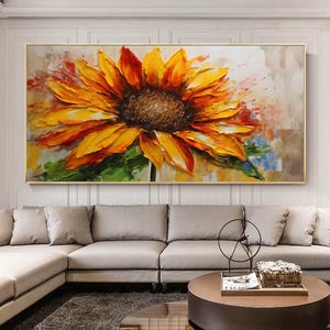 Large Textured Sunflower Painting, Vibrant Impasto Floral Wall Art, Yellow Flower Canvas Art, Palette Knife Artwork, Hand Painted Home Decor