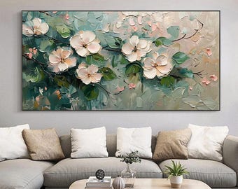 Original florales Ölgemälde auf Leinwand, weiße Kirschblüten Wandkunst, 3D Blumen Impasto Gemälde, neutrales pastellfarbenes botanisches Dekor