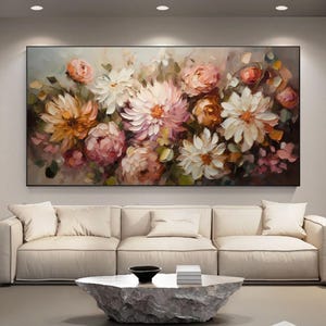 Abstract Floral Oil Painting, Large Textured Flower Canvas Art, White Pink Bloom Palette Knife Wall Art, Modern Romantic Wall Decoration