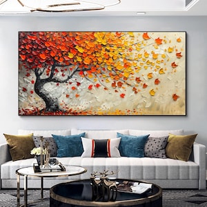 Bold Autumn Tree Oil Painting On Canvas, Textured Fall Landscape Wall Art, Colorful Palette Knife Painting, Cozy Seasonal Living Room Decor