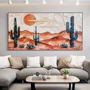 Textured Cactus Oil Painting on Canvas, 3D Desert Landscape with Vibrant Sunset Art, Blue Cacti Wall Art, Modern Nature-Inspired Home Décor