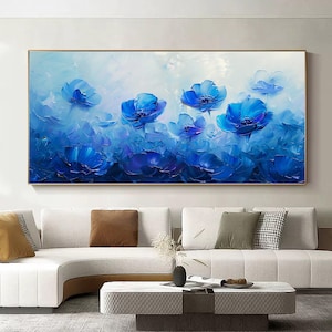 Original Blue Floral Textured Painting on Canvas, Large Abstract Flower Wall Art, Bold Bloom Painting, Contemporary Living Room Wall Decor
