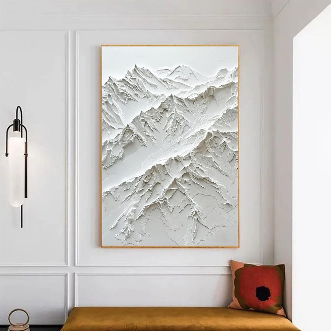 Original 3D Mountain Oil Painting on Canvas, White Textured Landscape ...