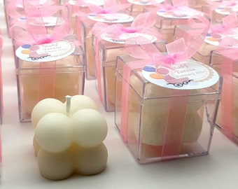 Bubble Candle Wedding Favors: Personalized Stickers & Ribbon