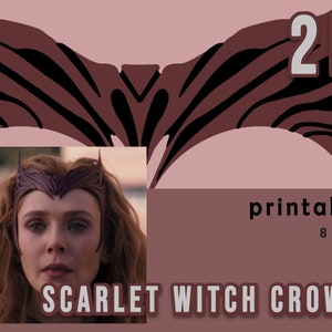 May include: A printable 2D design for a Scarlet Witch crown. The design is in maroon and black and features a detailed crown with a pointed top. The design is for personal use only.