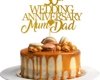 Adorno para tarta con purpurina para mamá y papá, 50.º aniversario de bodas, adornos para aniversario de bodas de oro, adornos personalizados dorados, decoración.