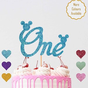 Mouse Ears "ONE" dubbelzijdige verjaardagstaarttopper - premium glitterkaarttaarttopper - accessoires voor taartdecoratie - kinderverjaardagstaarttopper