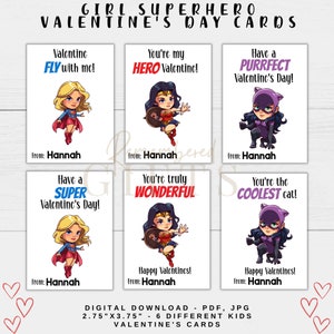 GIRL SUPERHERO Valentine Cards | Superhero Valentines Day Card | Valentine Cards for Kids 2.75&quot;x3.75&quot; | Printable Valentine&#39;s Day Cards