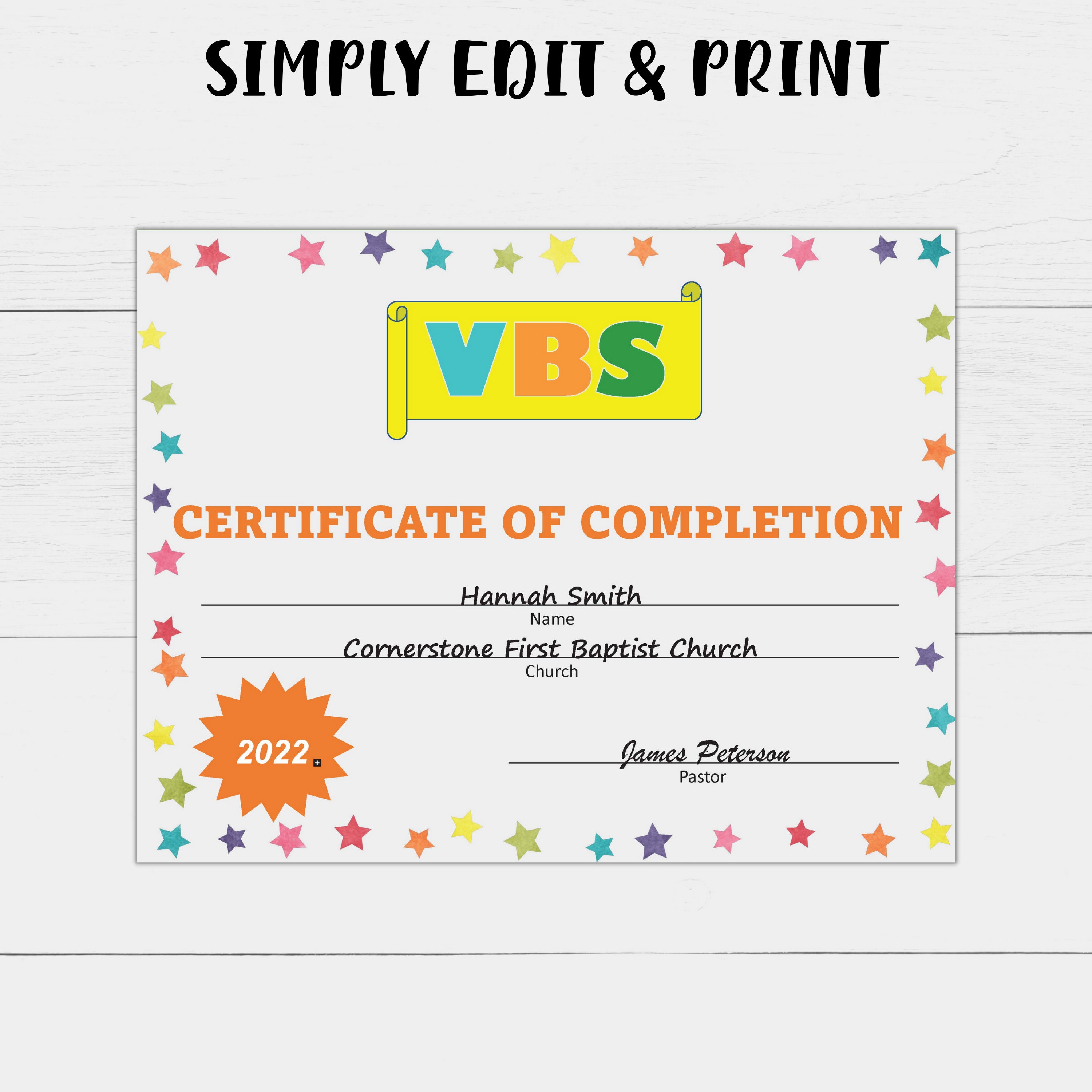 VBS Vacation Bible School Certificate of Completion Editable - Etsy