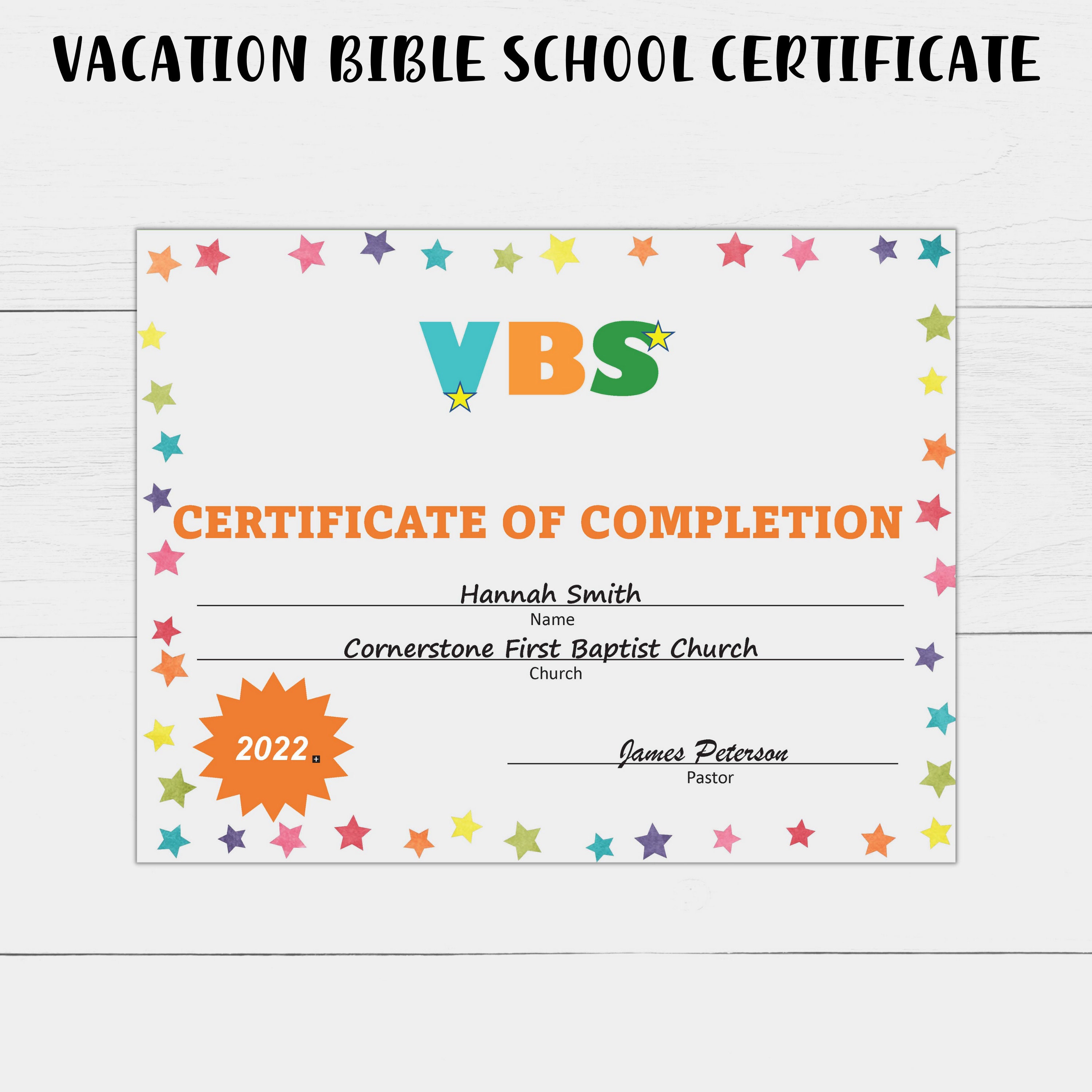 VBS Vacation Bible School Certificate of Completion (Instant Download ...