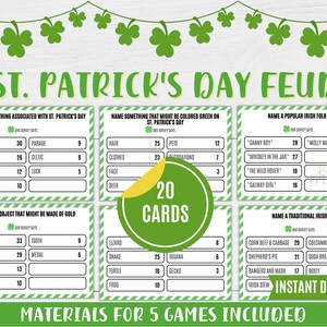 Könnte beinhalten: Ein druckbares St. Patrick's Day-Spiel mit 20 Karten. Jede Karte enthält eine Frage und eine Liste von Antworten mit Punkten, die jeder Antwort zugewiesen werden. Die Spielkategorien umfassen: Nennen Sie etwas, das mit St. Patrick's Day in Verbindung steht, Nennen Sie etwas, das am St. Patrick's Day grün gefärbt sein könnte, Nennen Sie ein beliebtes irisches Volkslied, Nennen Sie einen Gegenstand, der aus Gold hergestellt sein könnte, und Nennen Sie ein traditionelles irisches Gericht.