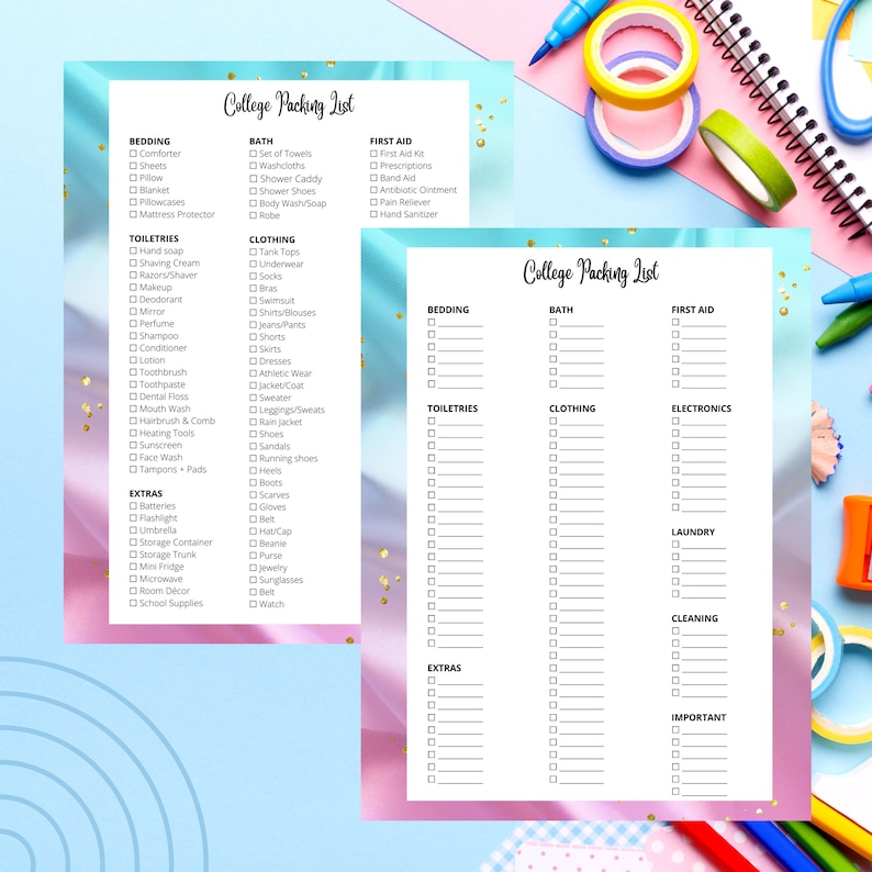 May include: A printable college packing list with categories for bedding, bath, toiletries, clothing, first aid, electronics, laundry, cleaning, and important items. The list is on a pink and blue background with gold glitter.