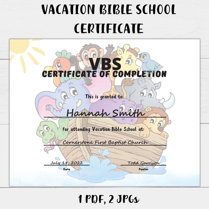 PRINTABLE VBS Vacation Bible School Certificate of Completion Editable
