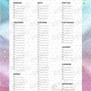 May include: A printable college packing list with checkboxes for various categories, including bedding, bath, first aid, toiletries, clothing, electronics, laundry, cleaning, extras, and important items. The list is on a white background with a colorful abstract design.