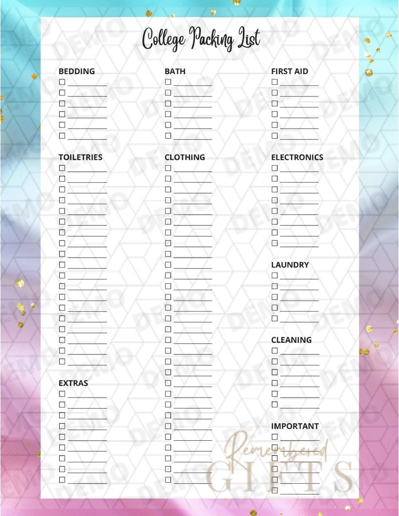 May include: A printable college packing list with checkboxes for various categories, including bedding, bath, first aid, toiletries, clothing, electronics, laundry, cleaning, extras, and important items. The list is on a white background with a colorful abstract design.
