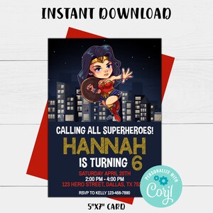 Girl Superhero Birthday Invitation: Editable Template (Instant Download)