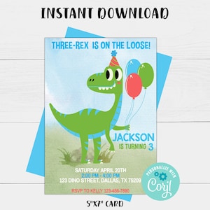 Dinosaur Birthday Invitation | Three-Rex Birthday Invitation | Editable Dinosaur Birthday Invitation Template | Printable Instant Download