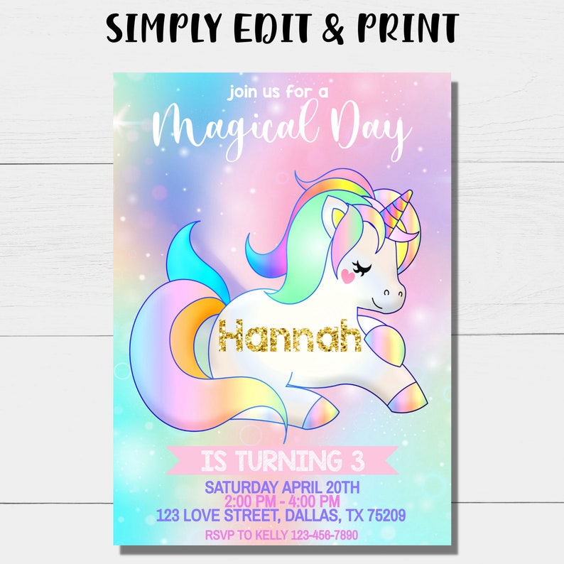 Editable Unicorn Birthday Invitation Unicorn Invitation Template