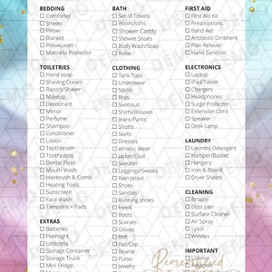 May include: A checklist of items to pack for college, organized by category. Categories include bedding, bath, clothing, toiletries, first aid, electronics, laundry, cleaning, and important items. The checklist is written in a white font on a blue and gold background.