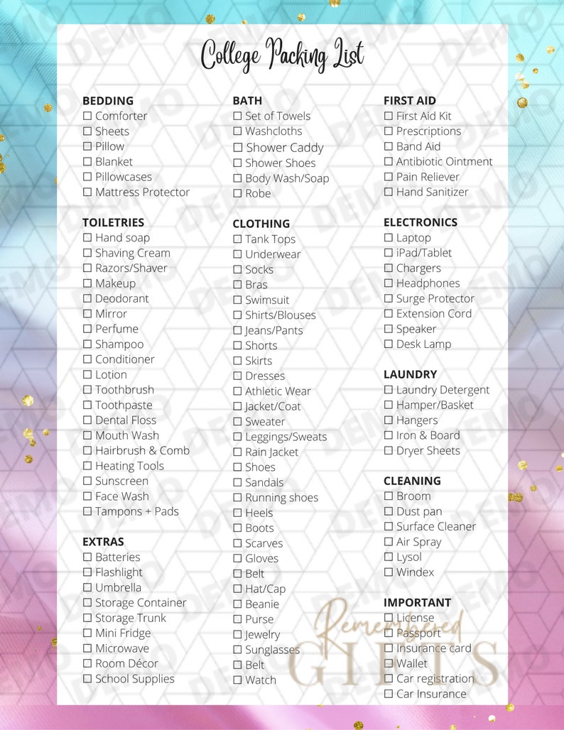 May include: A checklist of items to pack for college, organized by category. Categories include bedding, bath, clothing, toiletries, first aid, electronics, laundry, cleaning, and important items. The checklist is written in a white font on a blue and gold background.