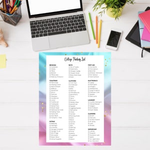 May include: A printable college packing list with a pink and blue ombre background. The list is divided into categories such as bedding, bath, first aid, toiletries, clothing, electronics, laundry, cleaning, and important. Each category has a list of items to pack.