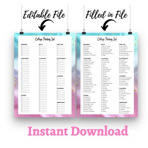 May include: A printable college packing list checklist with a pink and blue watercolor background. The checklist is divided into categories such as bedding, bath, first aid, toiletries, clothing, electronics, laundry, cleaning, extras, and important. The checklist is editable and includes a filled-in version.