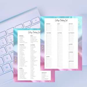 May include: A printable college packing list with categories for bedding, bath, toiletries, clothing, electronics, laundry, cleaning, extras, and important items. The list is on a pink and blue background with gold glitter.