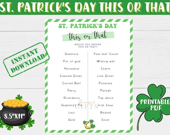 St. Patrick's Day This or That Game | Printable Trivia Game | St. Patty's Day Game | Party Game for Kids & Adults | St. Patrick's Day Trivia