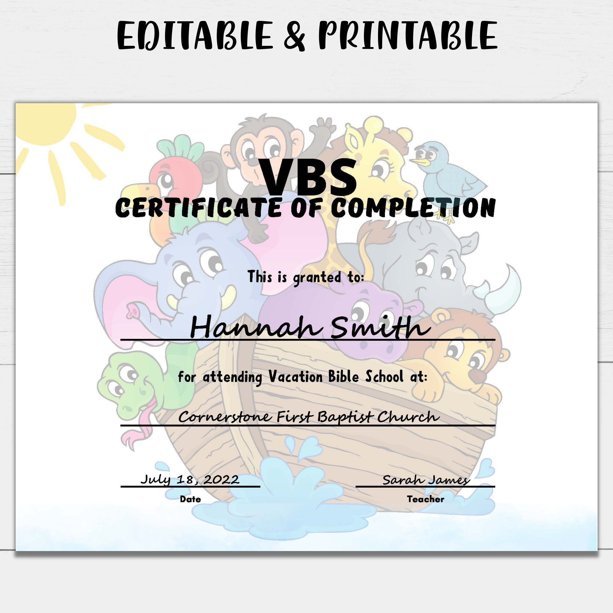 Printable Vbs Vacation Bible School Certificate Of Completion Etsy
