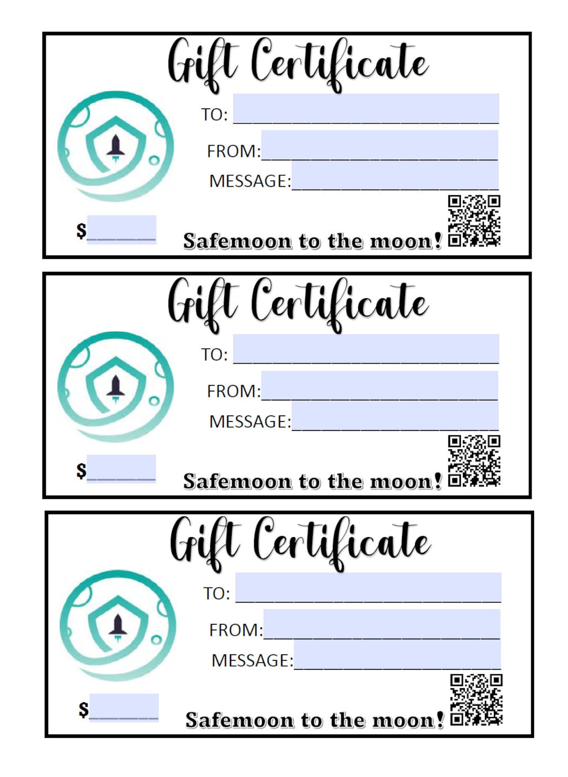 SAFEMOON GIFT CERTIFICATE Crypto Gift Certificate Instant ...